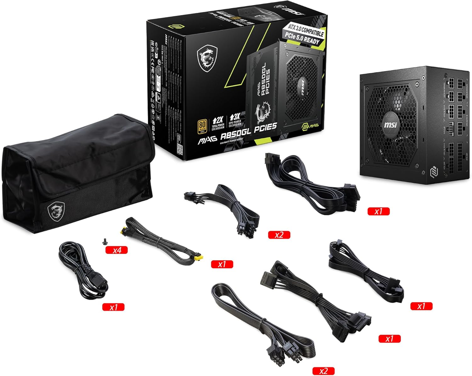 MSI MAG A850GL PCIE5, Fuente de alimentación compacta completamente modular Gaming 850W, 80+ Gold