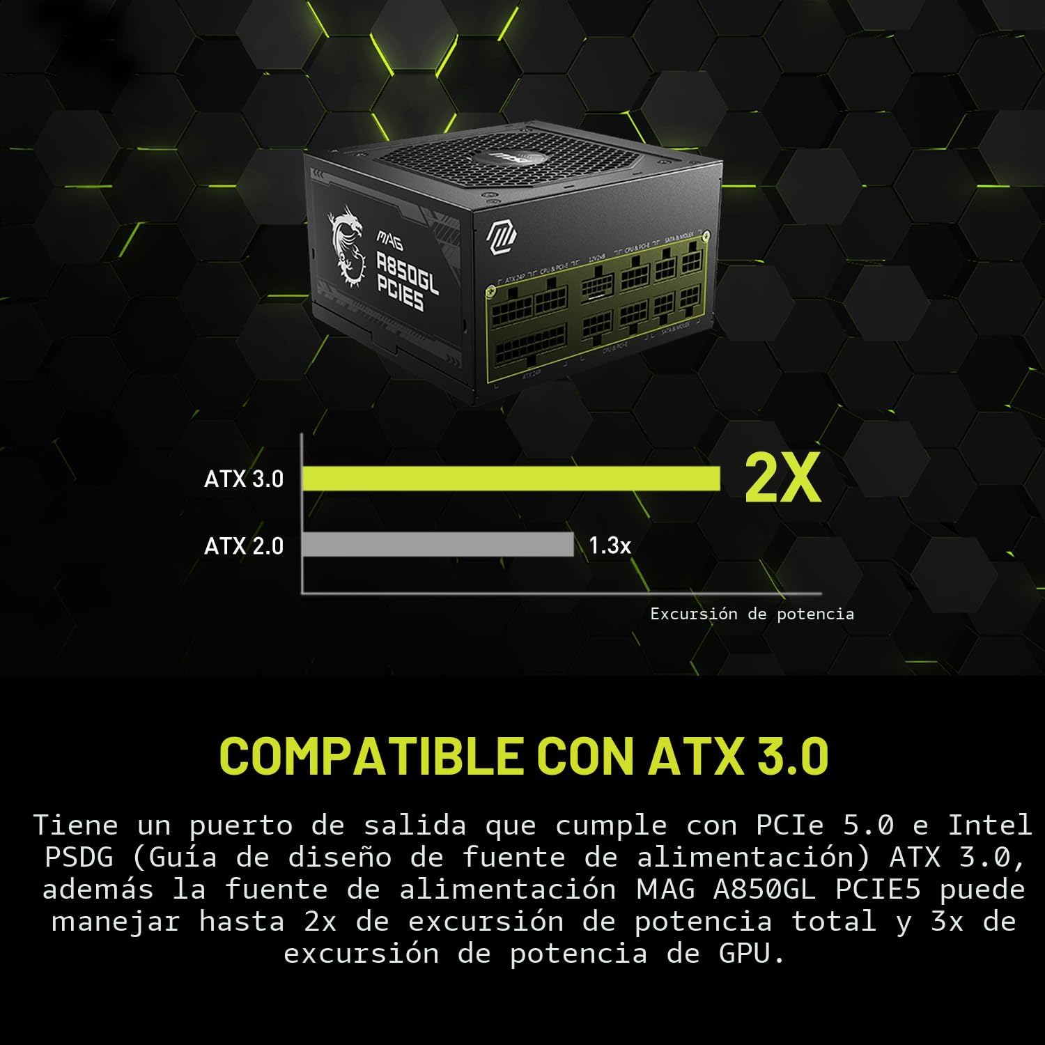 MSI MAG A850GL PCIE5, Fuente de alimentación compacta completamente modular Gaming 850W, 80+ Gold