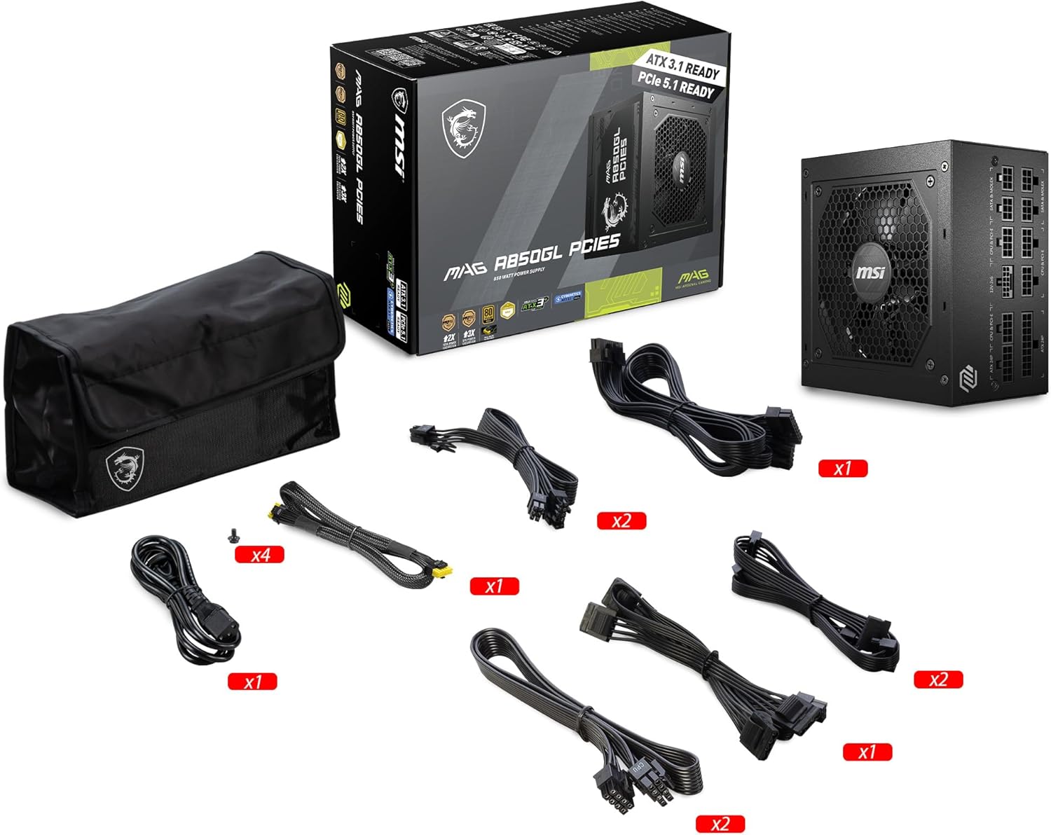 MSI MAG A850GL PCIE5, Fuente de alimentación compacta completamente modular Gaming 850W, 80+ Gold