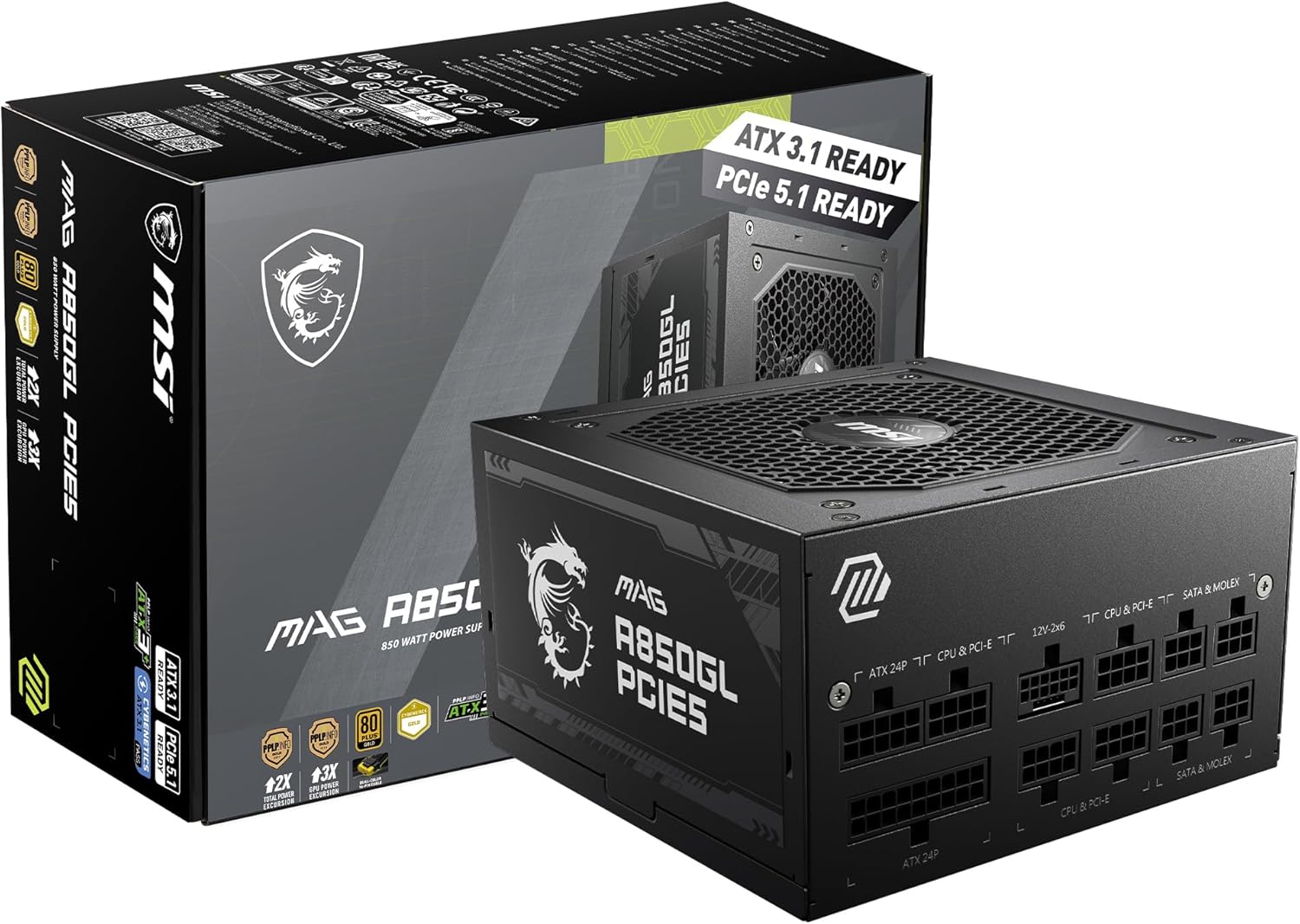 MSI MAG A850GL PCIE5, Fuente de alimentación compacta completamente modular Gaming 850W, 80+ Gold