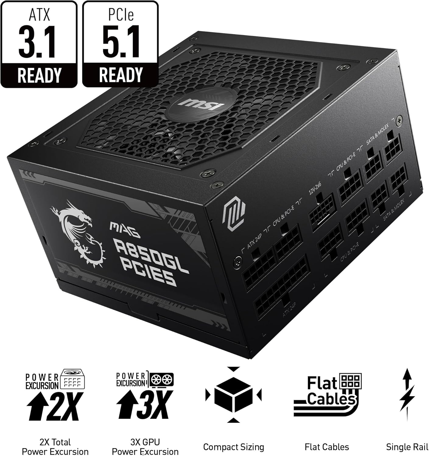 MSI MAG A850GL PCIE5, Fuente de alimentación compacta completamente modular Gaming 850W, 80+ Gold